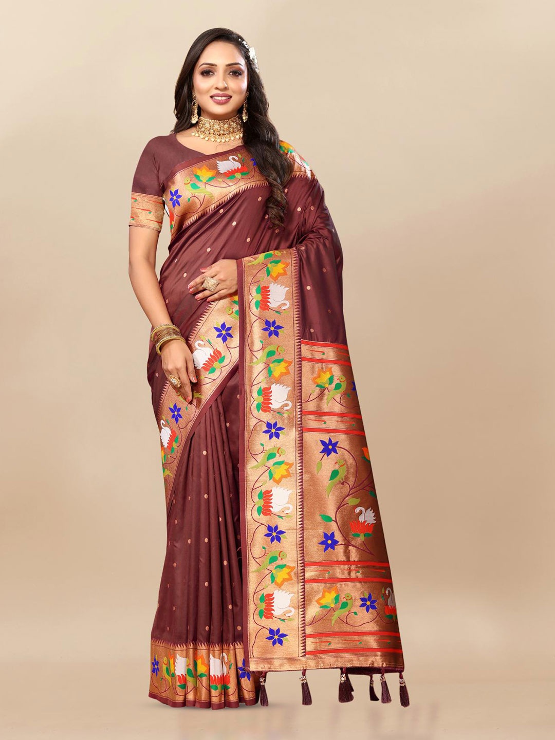 

PATIALAPICKS Ethnic Motifs Woven Design Zari Pure Silk Paithani Saree, Coffee brown