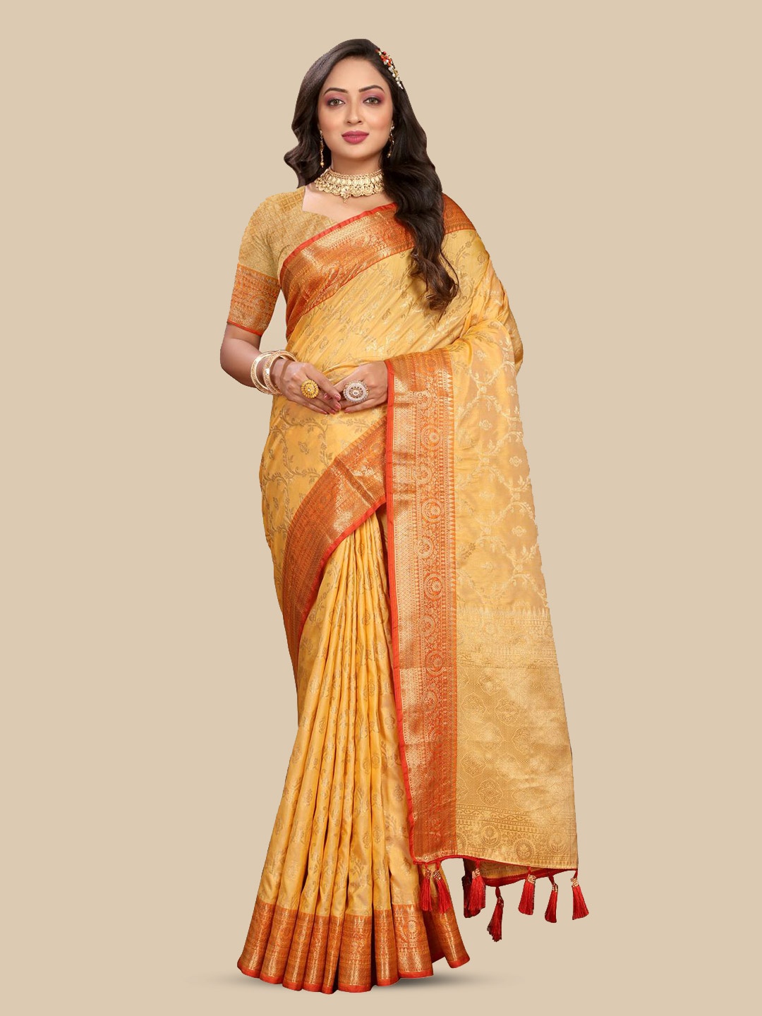 

PATIALAPICKS Floral Woven Design Zari Pure Silk Paithani Saree, Mustard