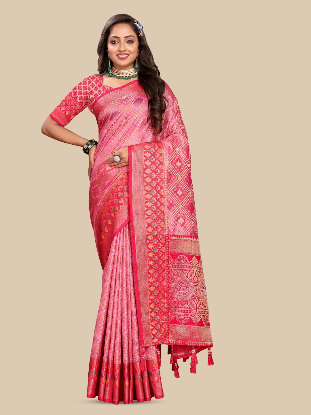 

PATIALAPICKS Ethnic Motifs Woven Design Zari Orange Silk Paithani Saree, Pink