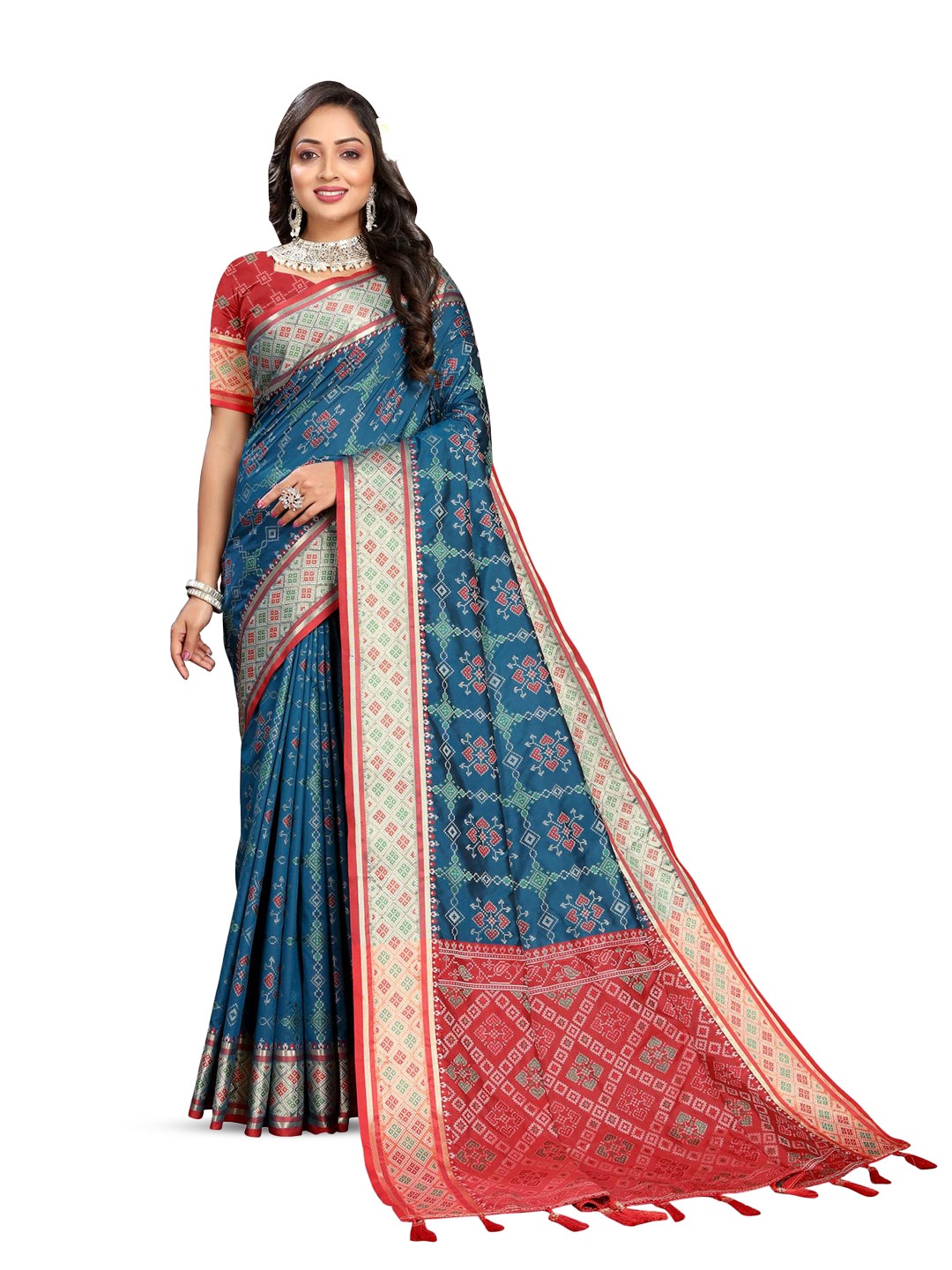 

PATIALAPICKS Floral Zari Pure Silk Patola Saree, Navy blue