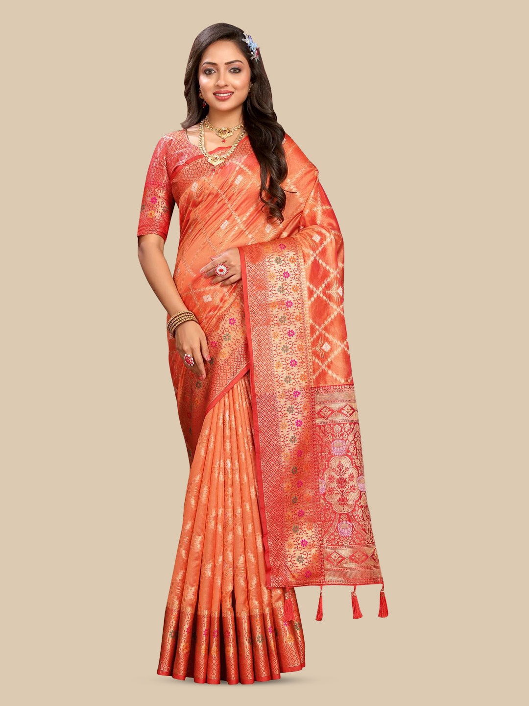 

PATIALAPICKS Woven Design Zari Organza Paithani Saree, Orange