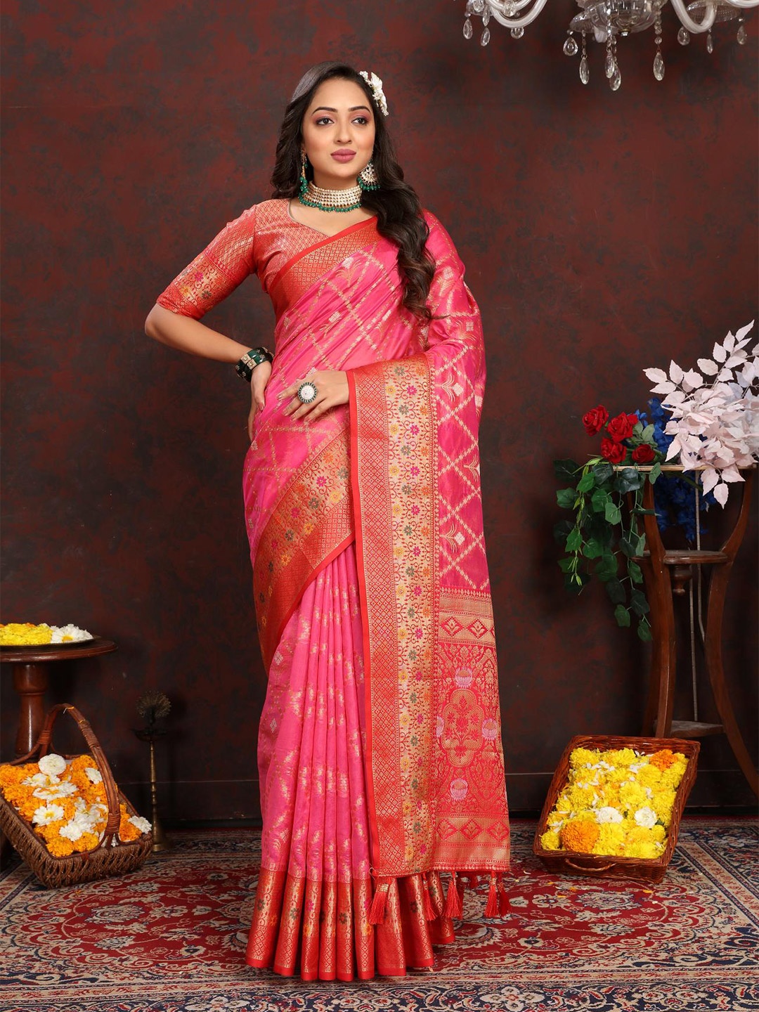 

PATIALAPICKS Ethnic Motifs Woven Design Zari Organza Paithani Saree, Pink