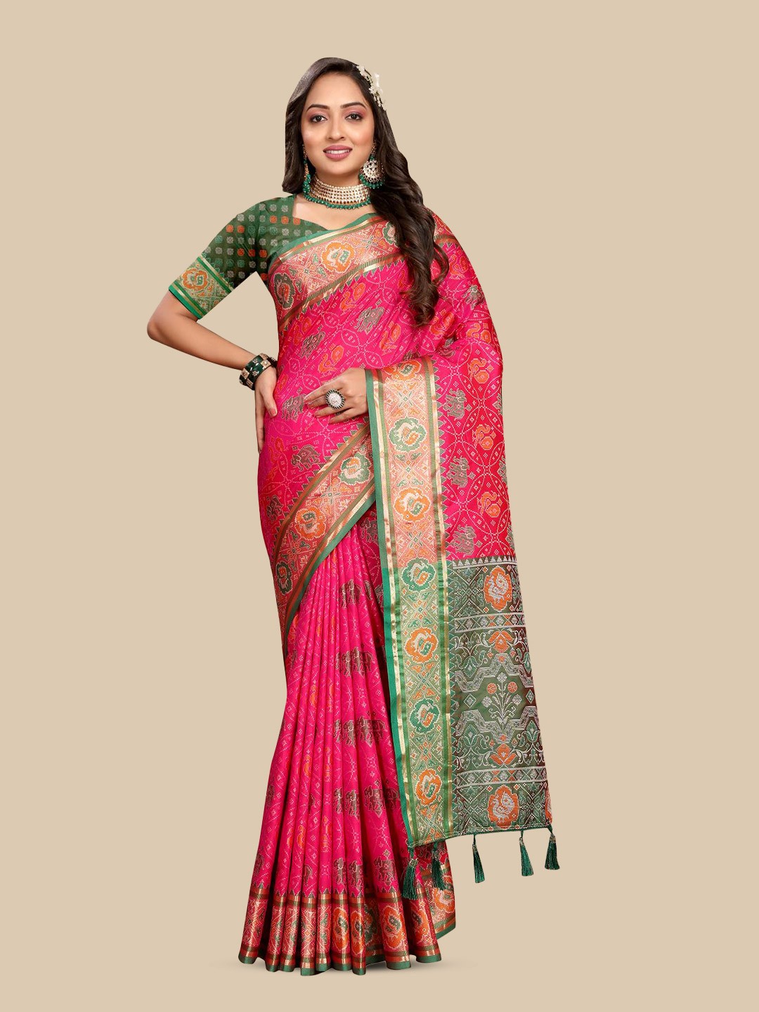 

PATIALAPICKS Woven Design Zari Pure Silk Patola Saree, Pink
