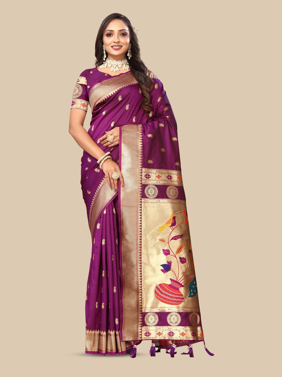 

PATIALAPICKS Ethnic Motifs Woven Design Zari Pure Silk Paithani Saree, Purple