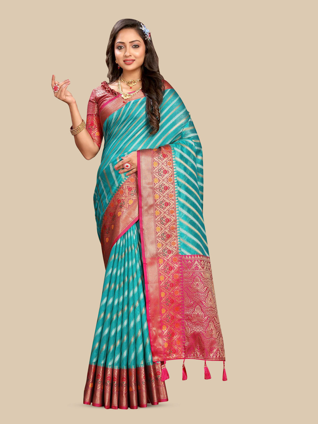 

PATIALAPICKS Woven Design Zari Organza Paithani Saree, Blue