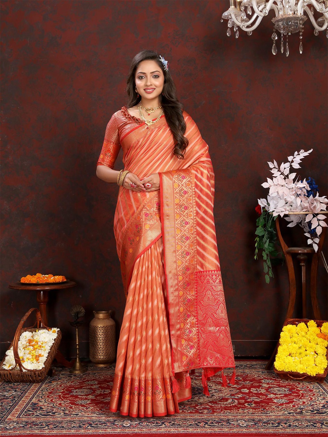

PATIALAPICKS Striped Woven Design Zari Organza Paithani Saree, Orange