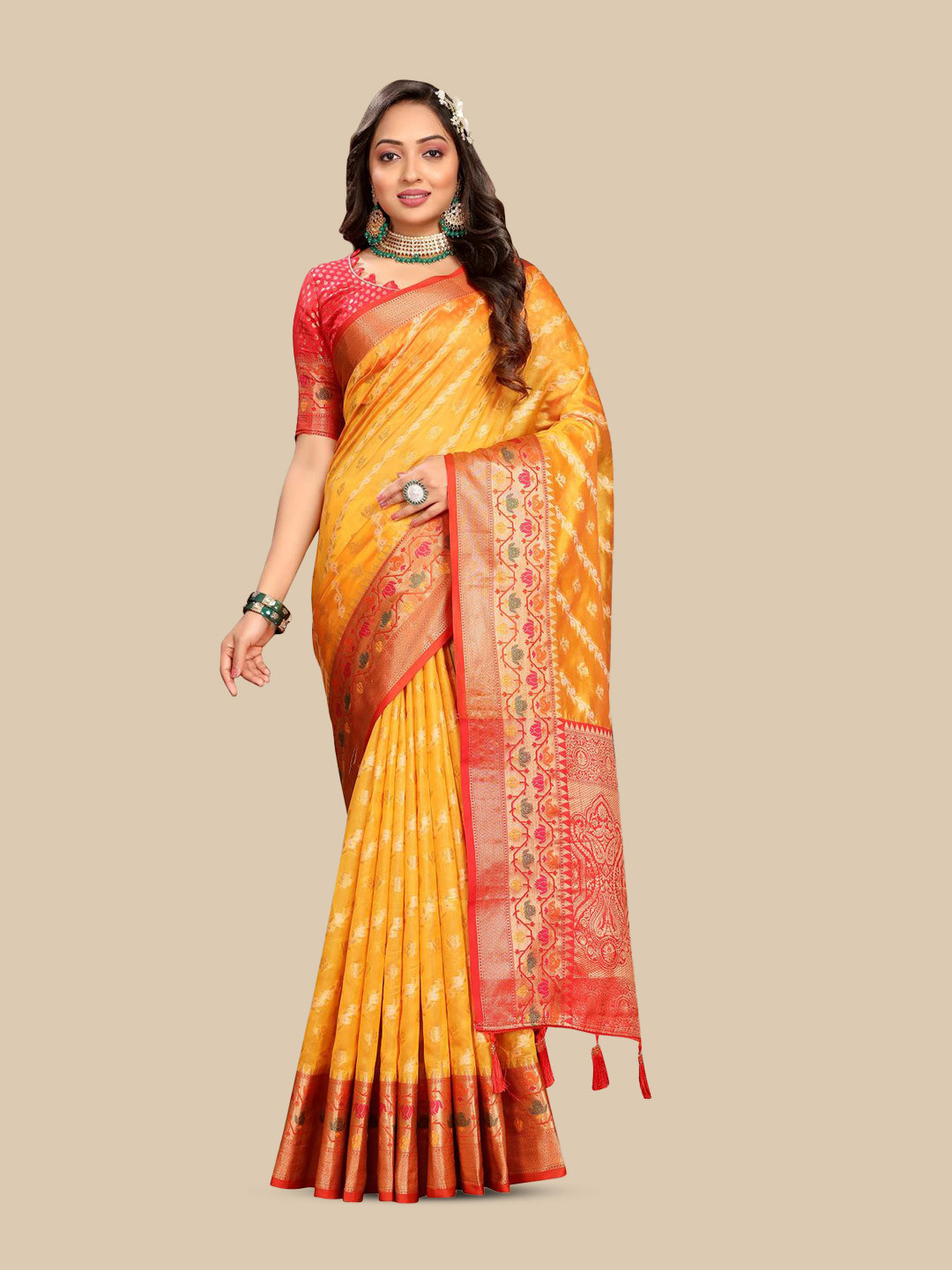 

PATIALAPICKS Floral Zari Organza Paithani Saree, Yellow
