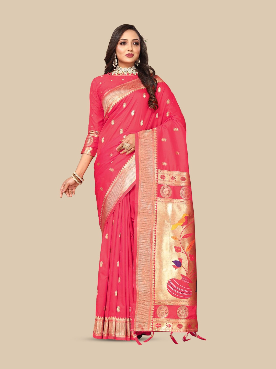 

PATIALAPICKS Woven Design Zari Pure Silk Paithani Saree, Pink