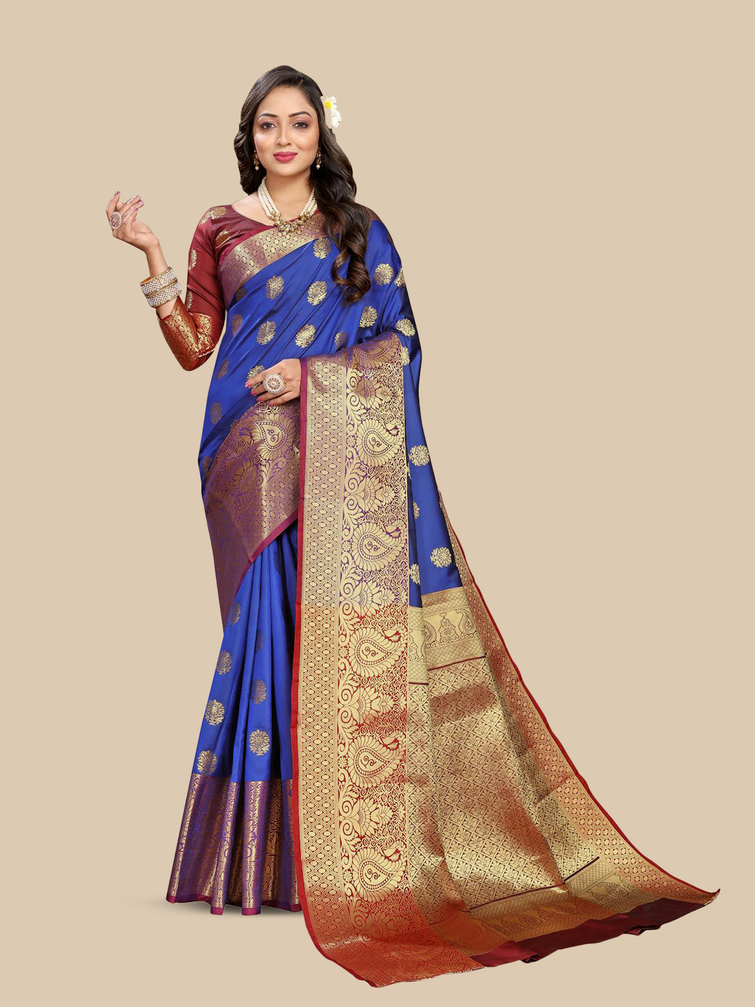

PATIALAPICKS Ethnic Motifs Woven Design Zari Pure Silk Paithani Saree, Blue