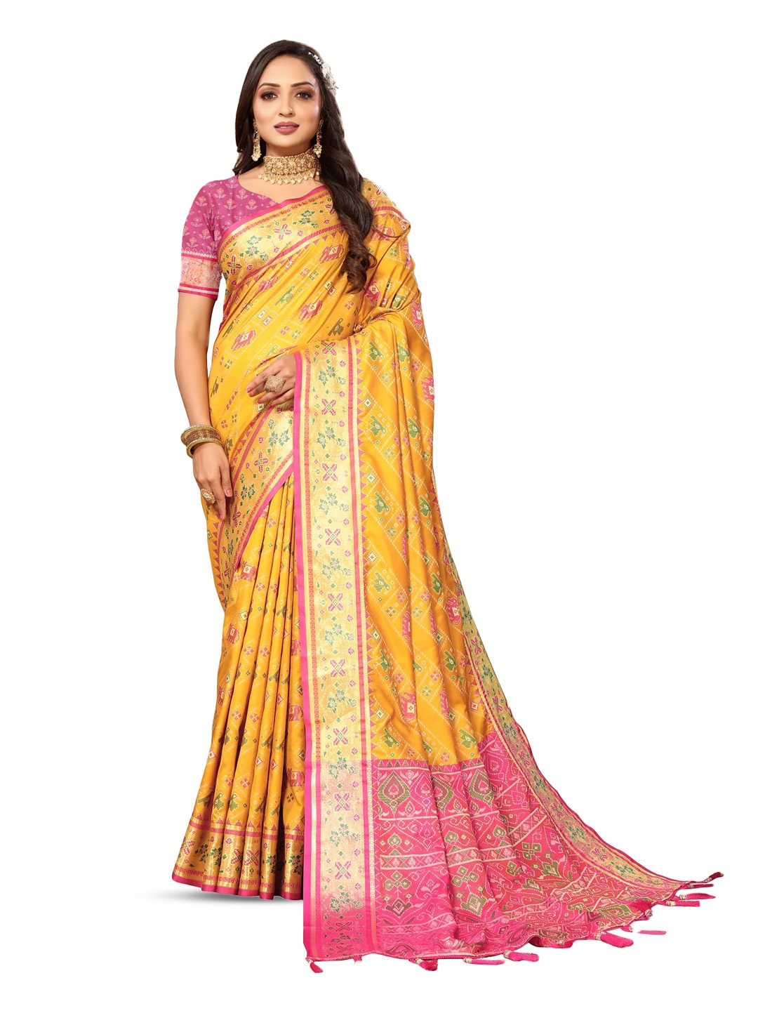 

PATIALAPICKS Ethnic Woven Design Zari Pure Silk Patola Saree, Yellow