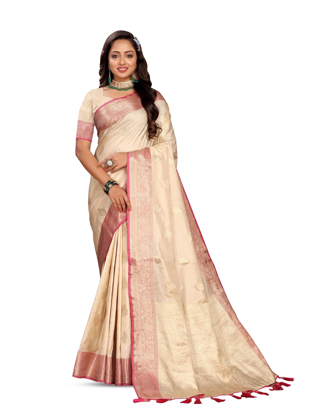

PATIALAPICKS Woven Design Zari Pure Silk Paithani Saree, Cream