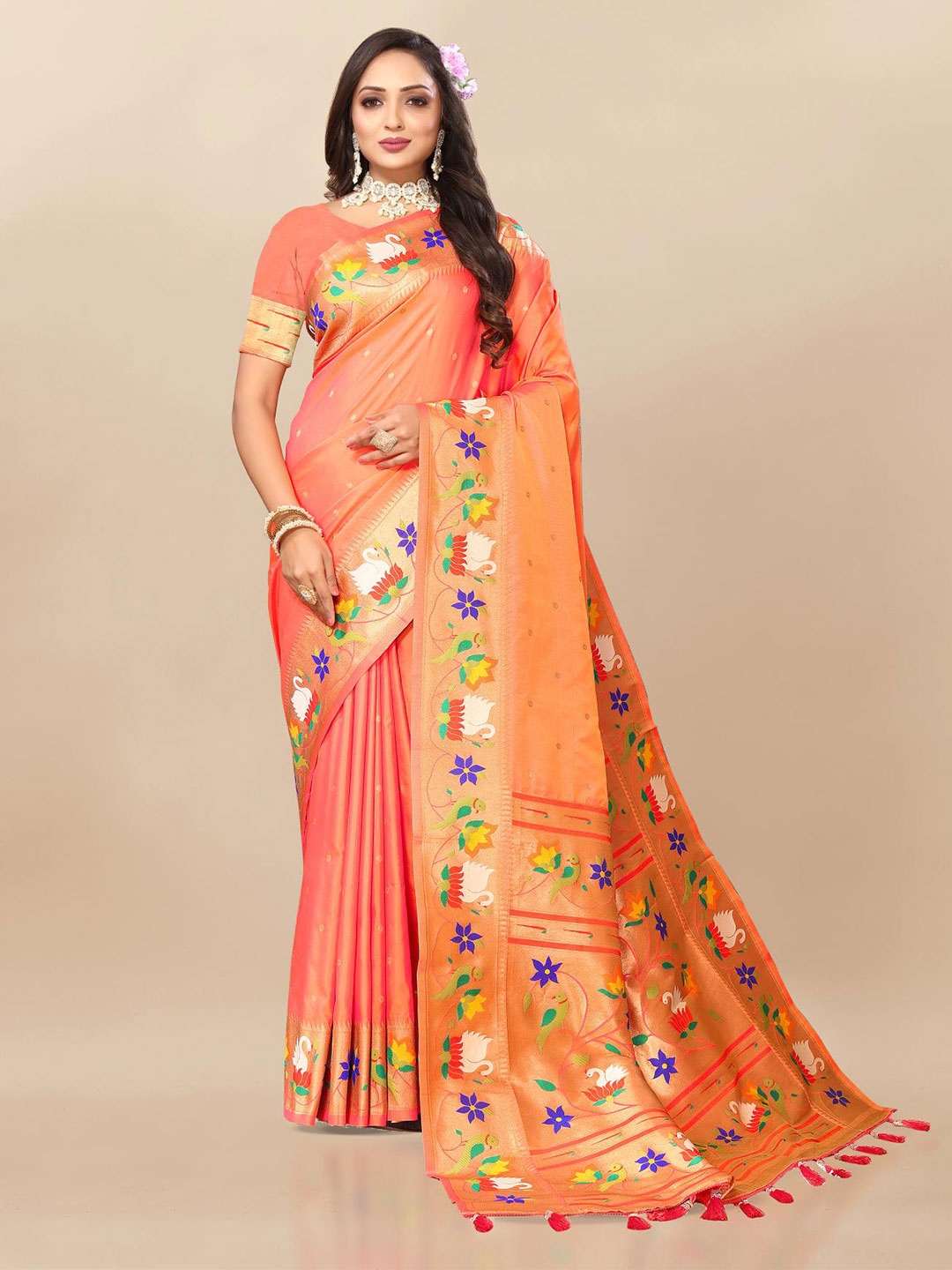 

PATIALAPICKS Woven Design Zari Pure Silk Paithani Saree, Peach