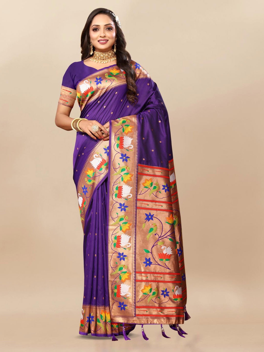 

PATIALAPICKS Floral Woven Design Zari Pure Silk Paithani Saree, Purple