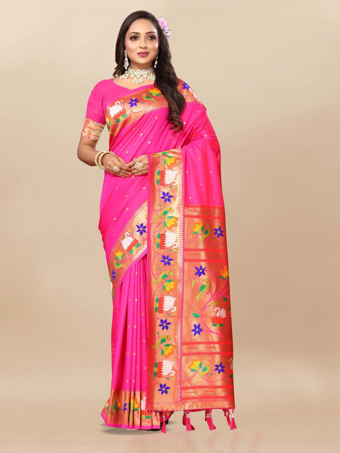 

PATIALAPICKS Woven Design Zari Pure Silk Paithani Saree, Fuchsia