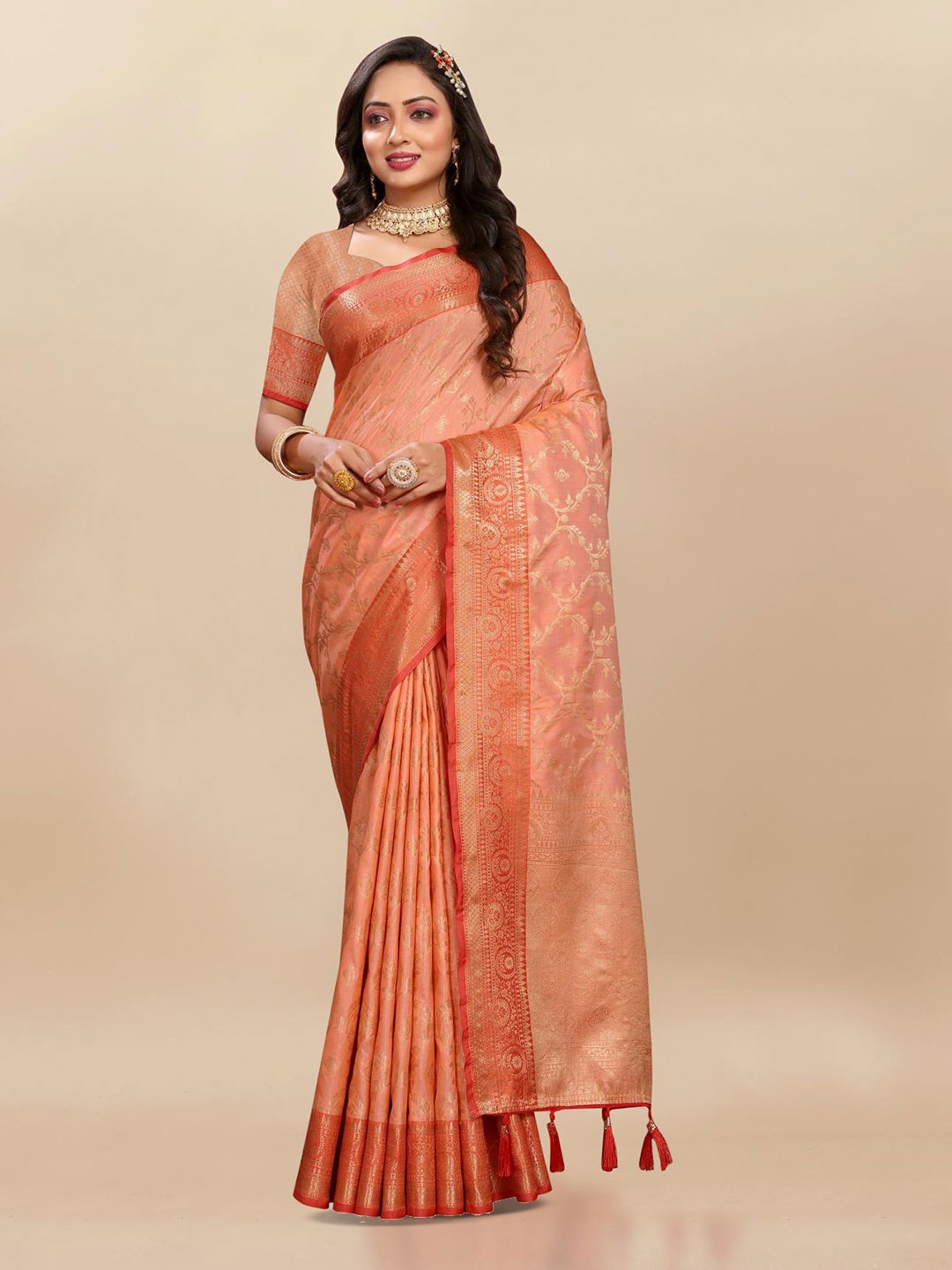 

PATIALAPICKS Ethnic Woven Design Zari Pure Silk Paithani Saree, Peach