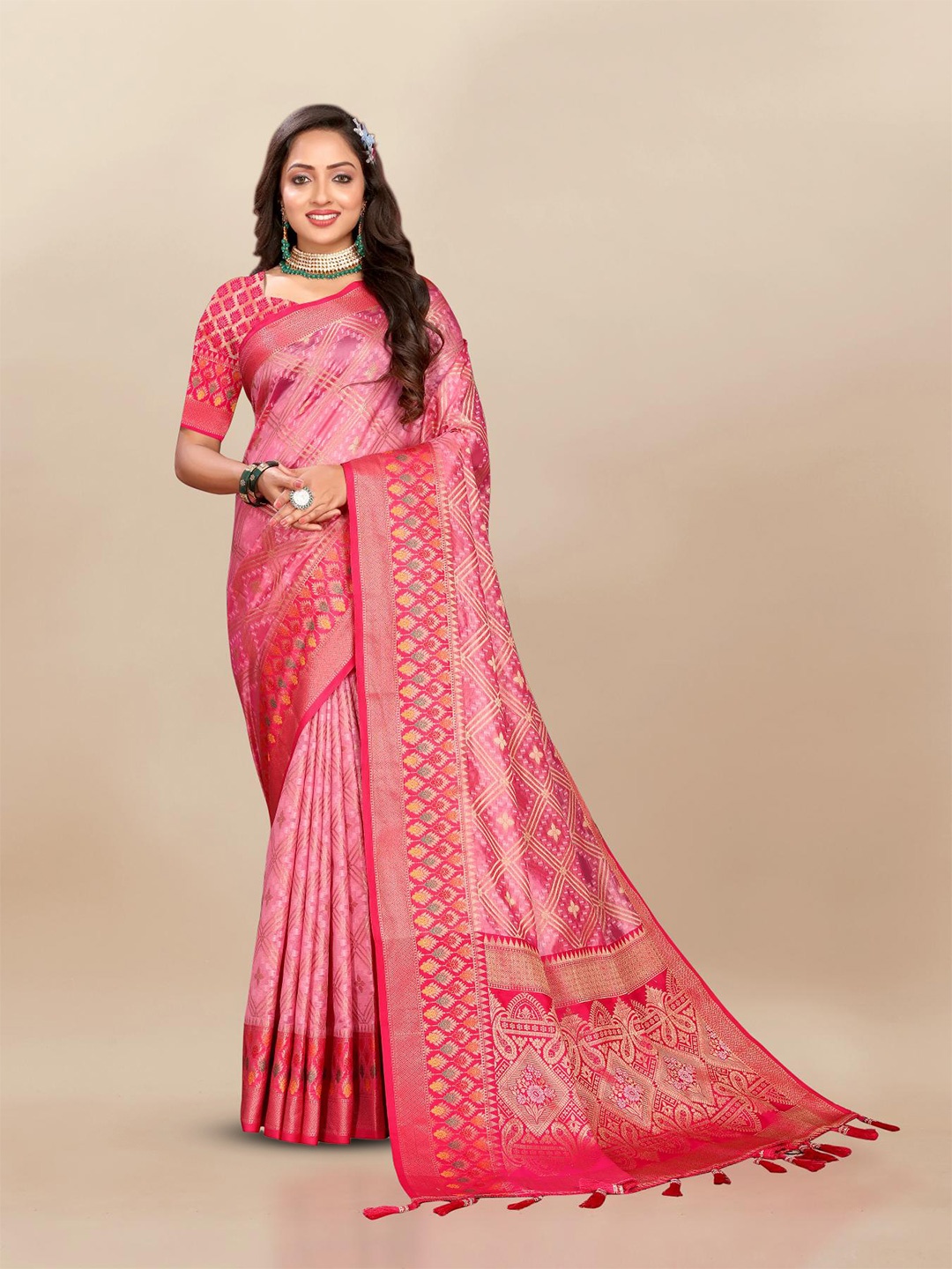 

PATIALAPICKS Woven Design Zari Organza Paithani Saree, Pink