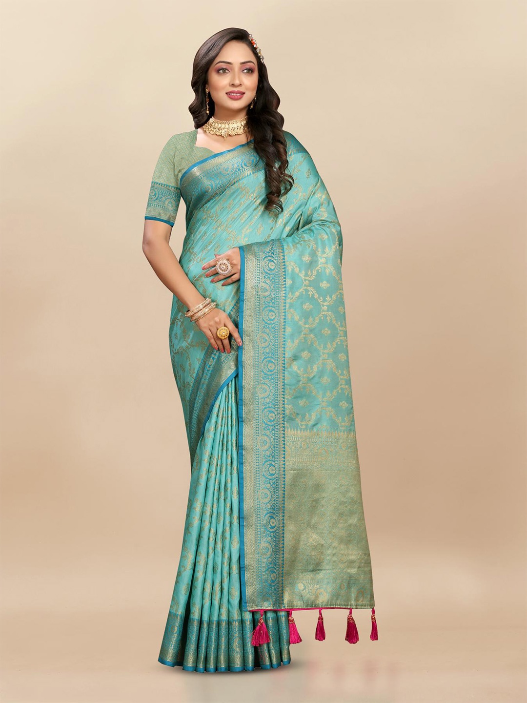 

PATIALAPICKS Floral Woven Design Zari Pure Silk Paithani Saree, Blue