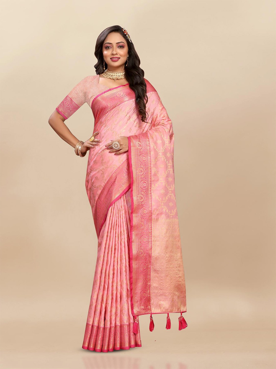 

PATIALAPICKS Ethnic Motifs Woven Design Zari Pure Silk Paithani Saree, Pink