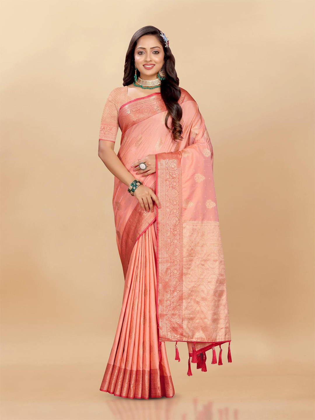 

PATIALAPICKS Ethnic Motifs Woven Design Zari Pure Silk Paithani Saree, Peach
