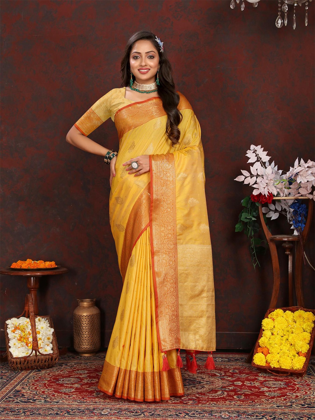 

PATIALAPICKS Ethnic Motifs Woven Design Zari Pure Silk Paithani Saree, Yellow