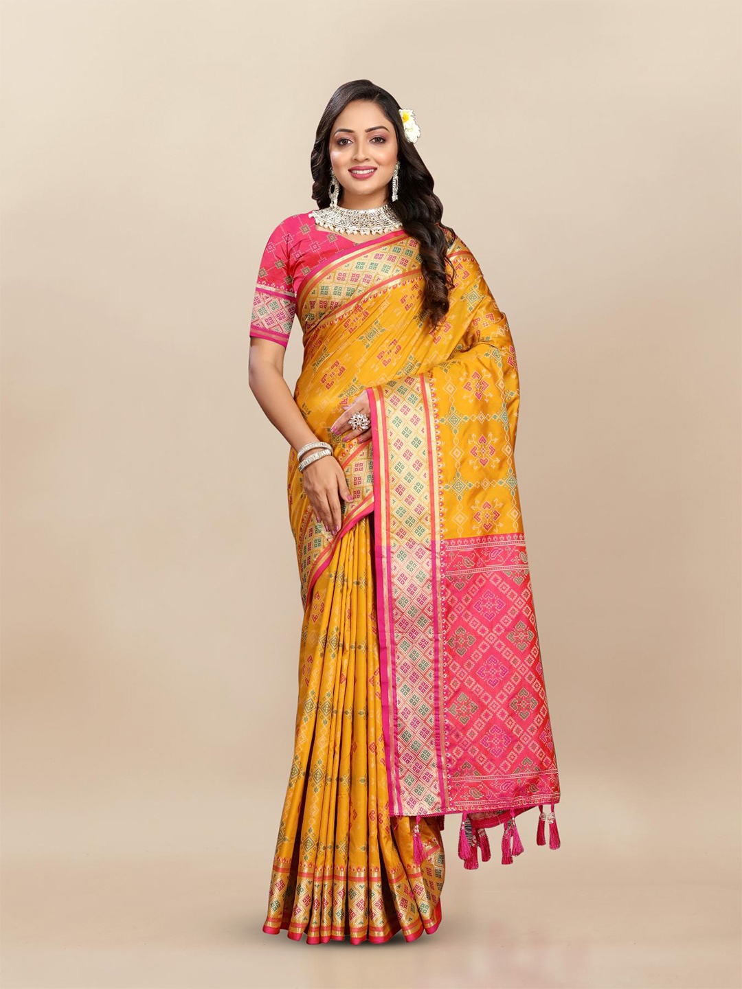 

PATIALAPICKS Bandhani Woven Design Zari Pure Silk Patola Saree, Yellow