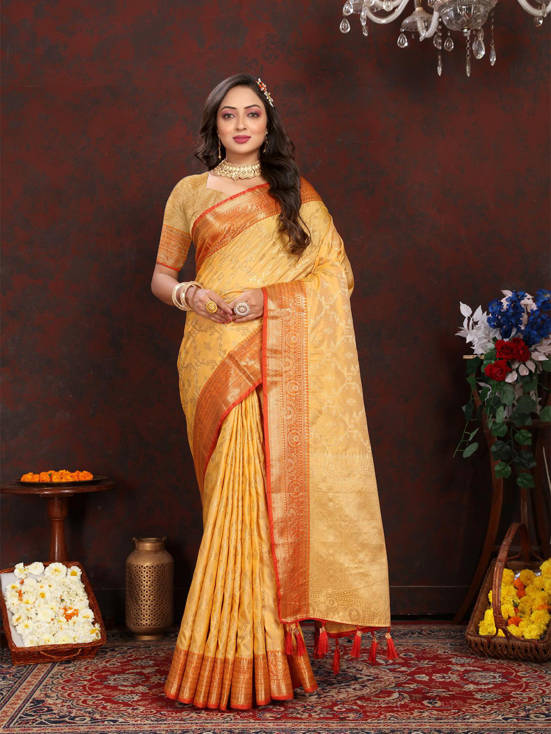 

PATIALAPICKS Woven Design Zari Pure Silk Paithani Saree, Mustard
