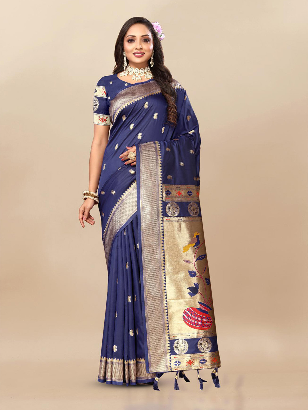 

PATIALAPICKS Paisley Zari Pure Silk Heavy Work Paithani Saree, Navy blue