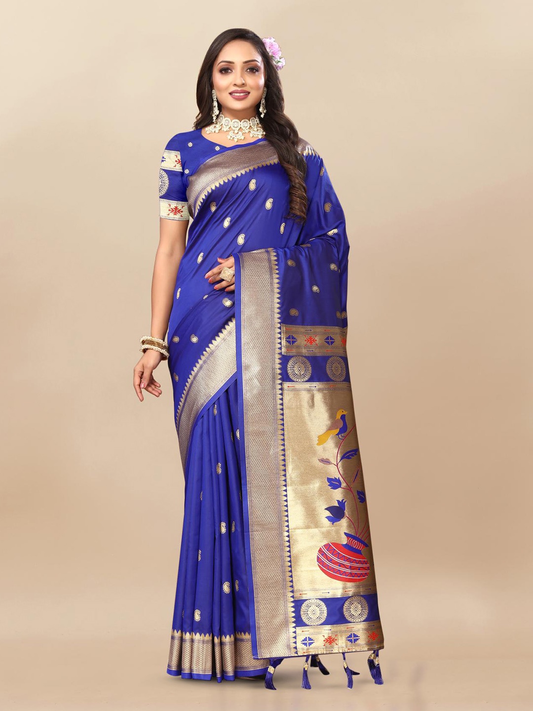 

PATIALAPICKS Ethnic Motifs Woven Design Zari Pure Silk Paithani Saree, Blue