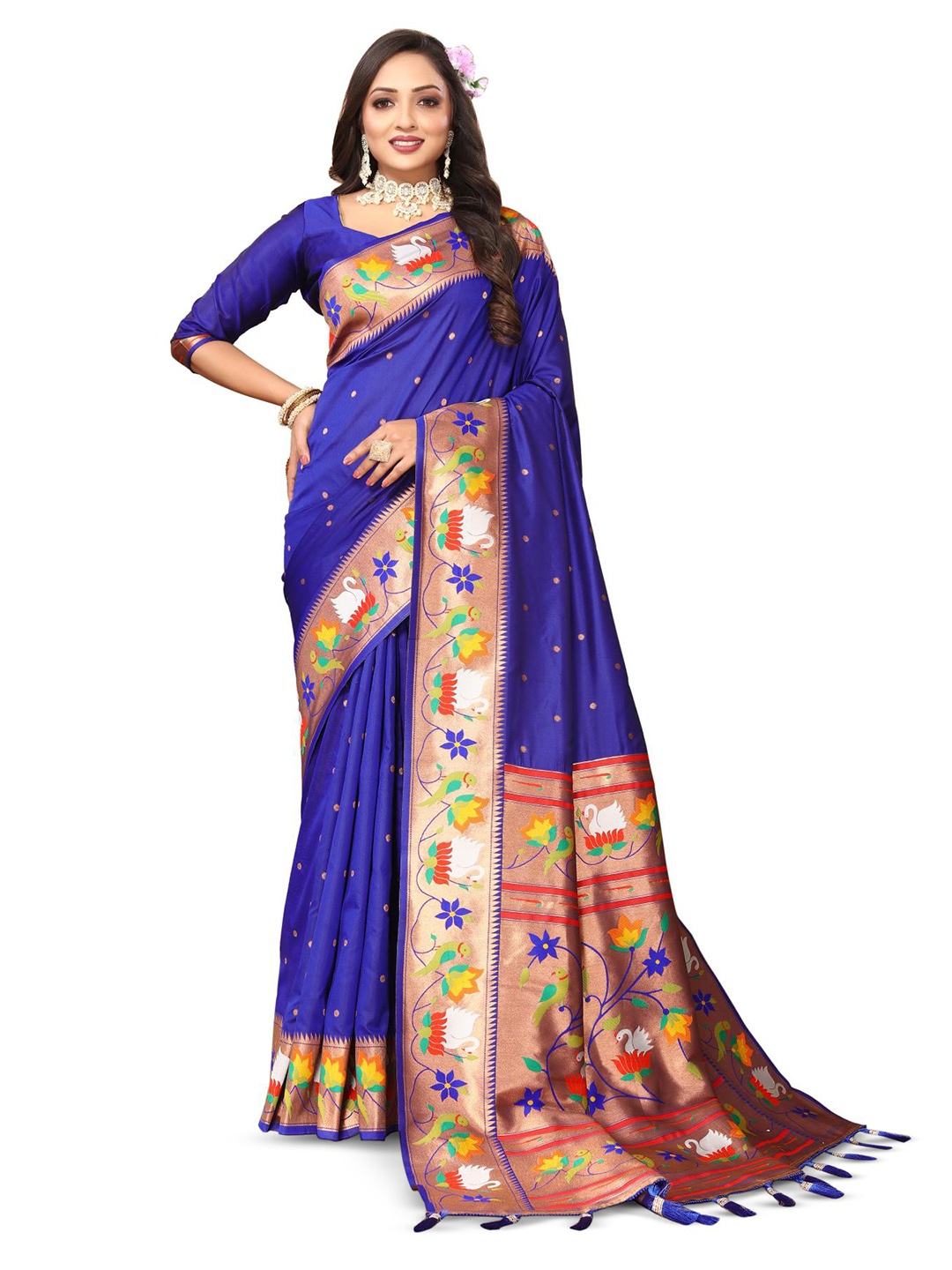

PATIALAPICKS Polka Dot Zari Pure Silk Paithani Saree, Blue