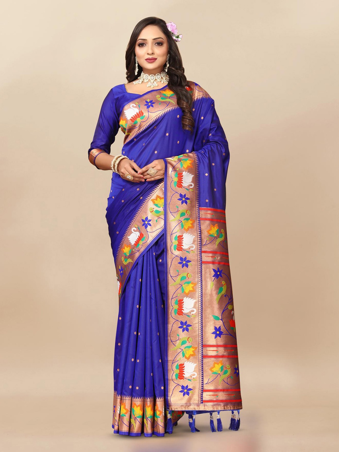 

PATIALAPICKS Polka Dots Woven Design Zari Pure Silk Paithani Saree, Blue
