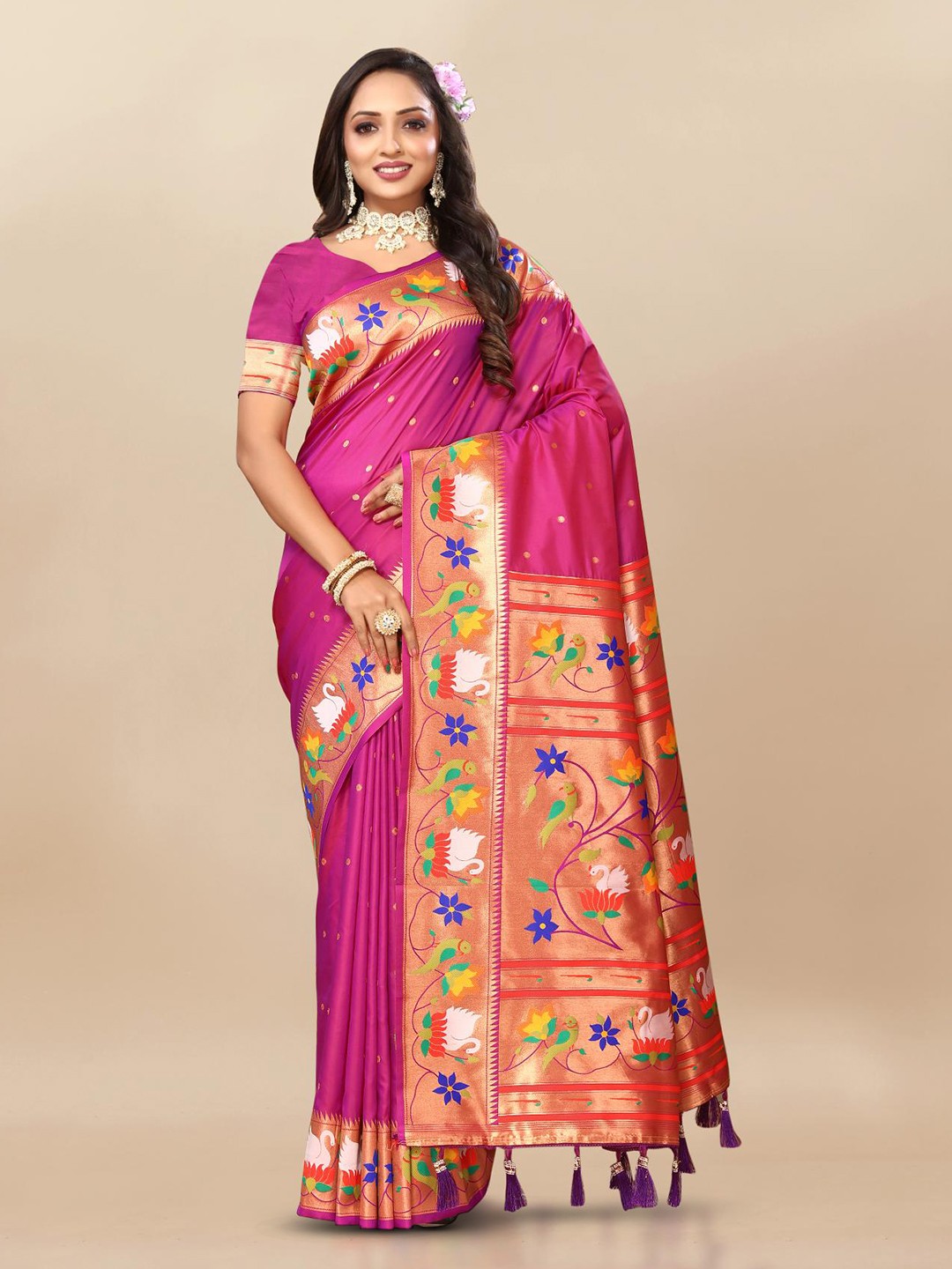 

PATIALAPICKS Polka Dots Woven Design Zari Pure Silk Paithani Saree, Pink