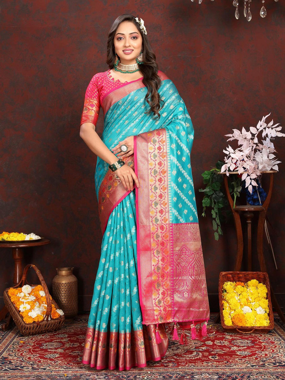 

PATIALAPICKS Striped Woven Design Zari Organza Paithani Saree, Blue