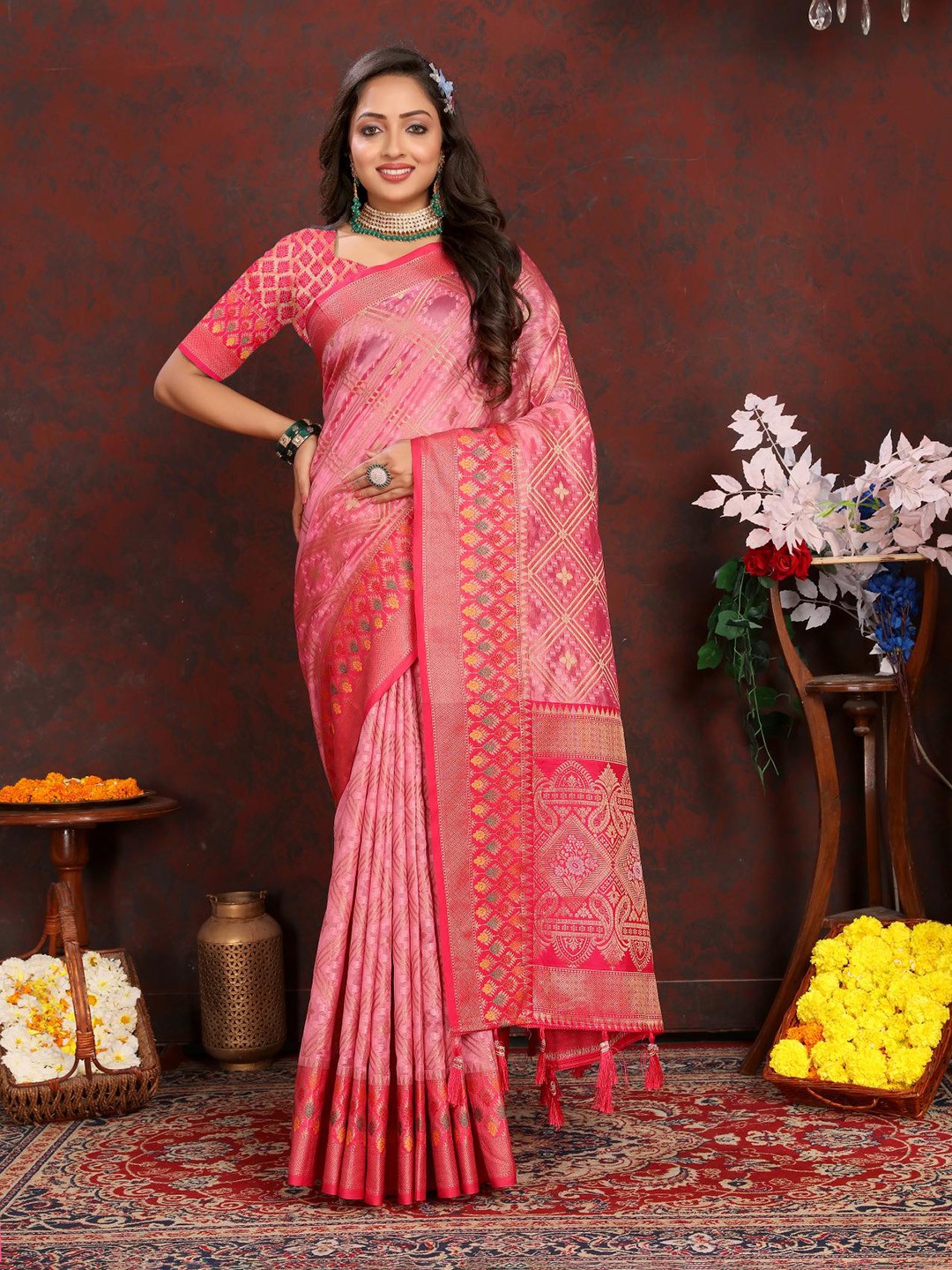 

PATIALAPICKS Ethnic Motifs Woven Design Zari Organza Paithani Saree, Pink
