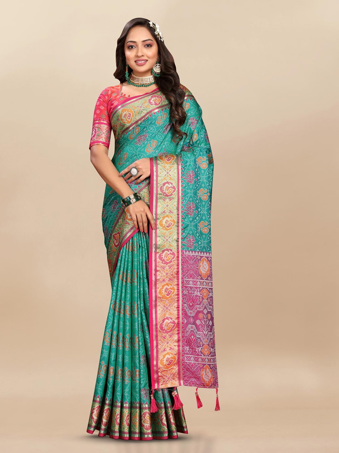 

PATIALAPICKS Floral Woven Design Zari Pure Silk Patola Saree, Sea green
