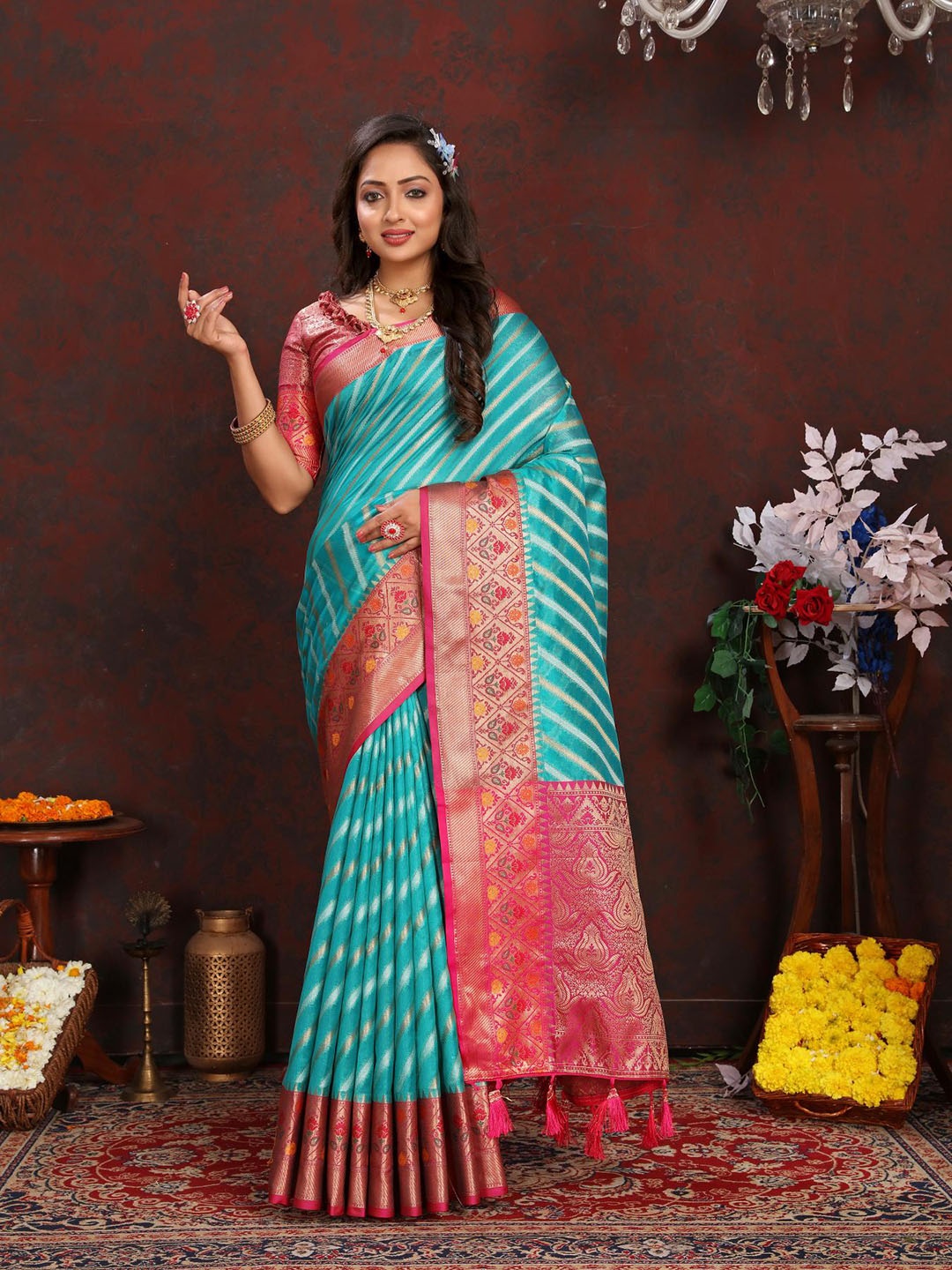 

PATIALAPICKS Striped Woven Design Zari Organza Paithani Saree, Blue