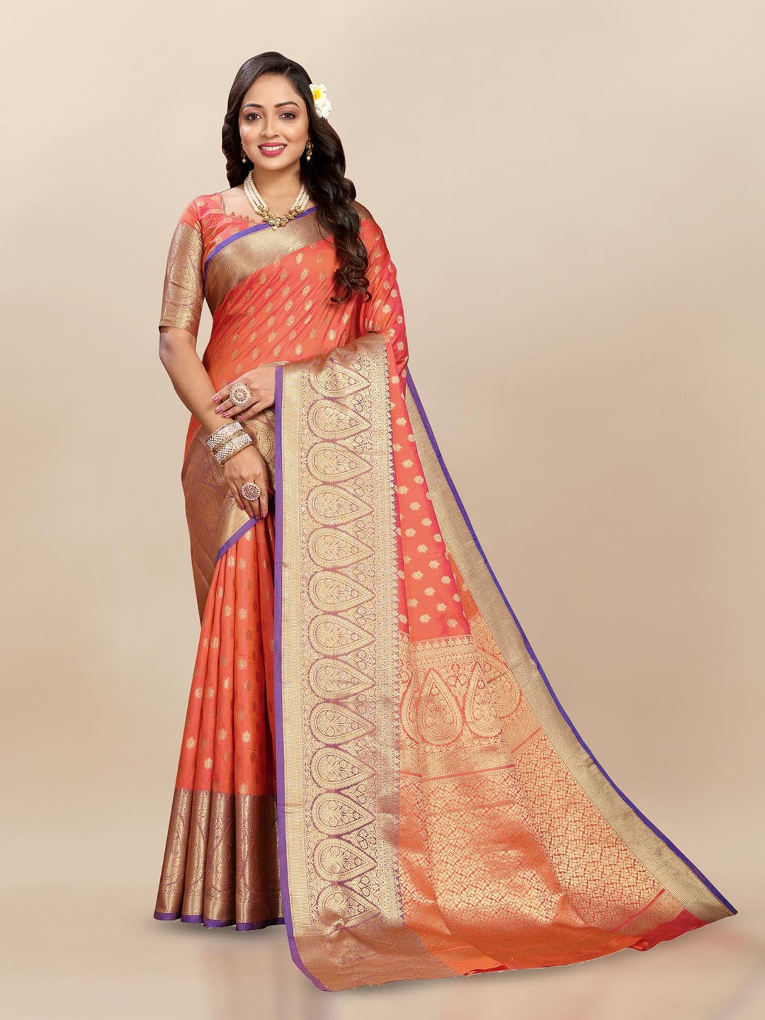 

PATIALAPICKS Ethnic Motifs Woven Design Zari Pure Silk Paithani Saree, Peach