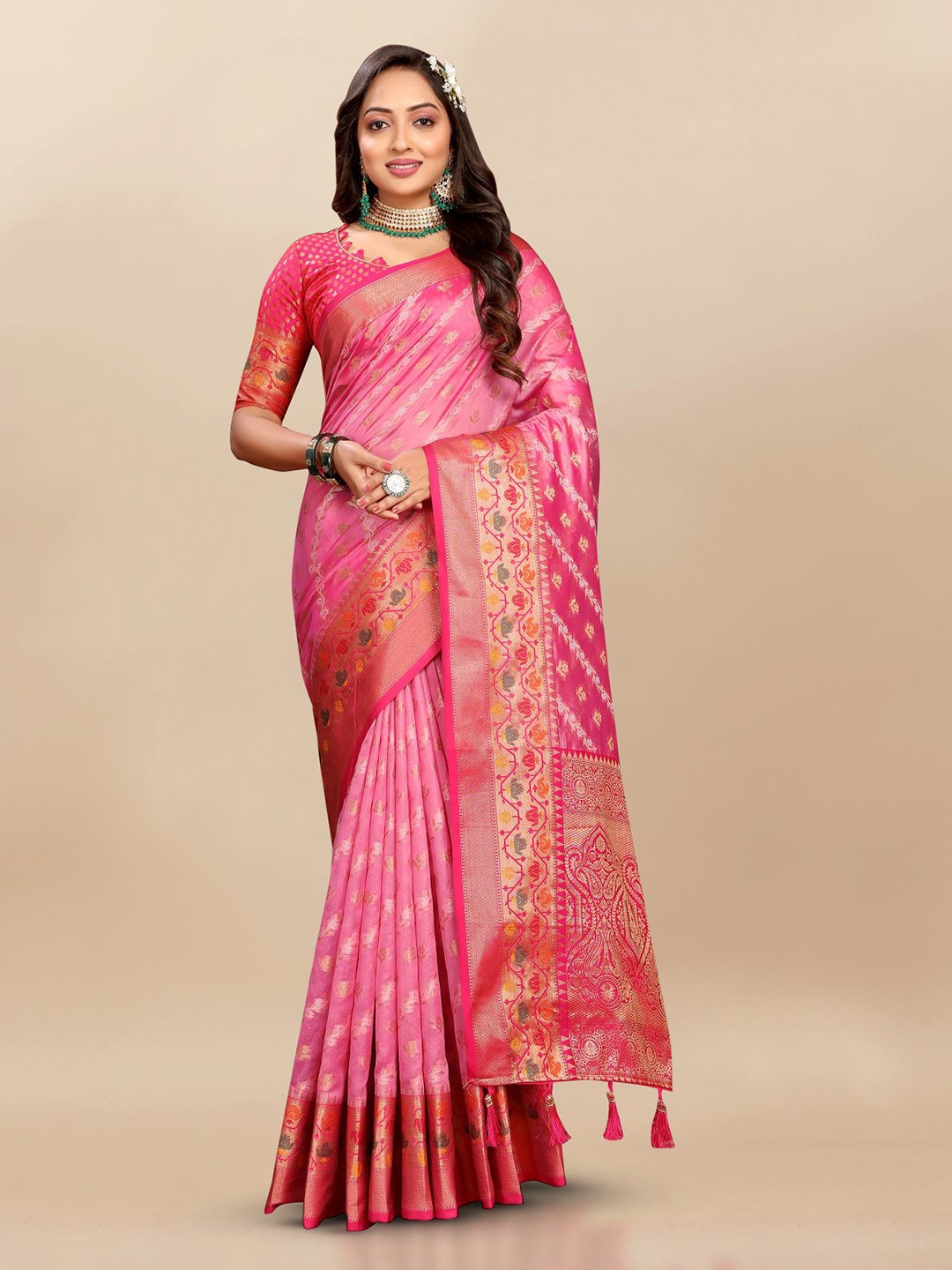 

PATIALAPICKS Woven Design Zari Organza Paithani Saree, Pink