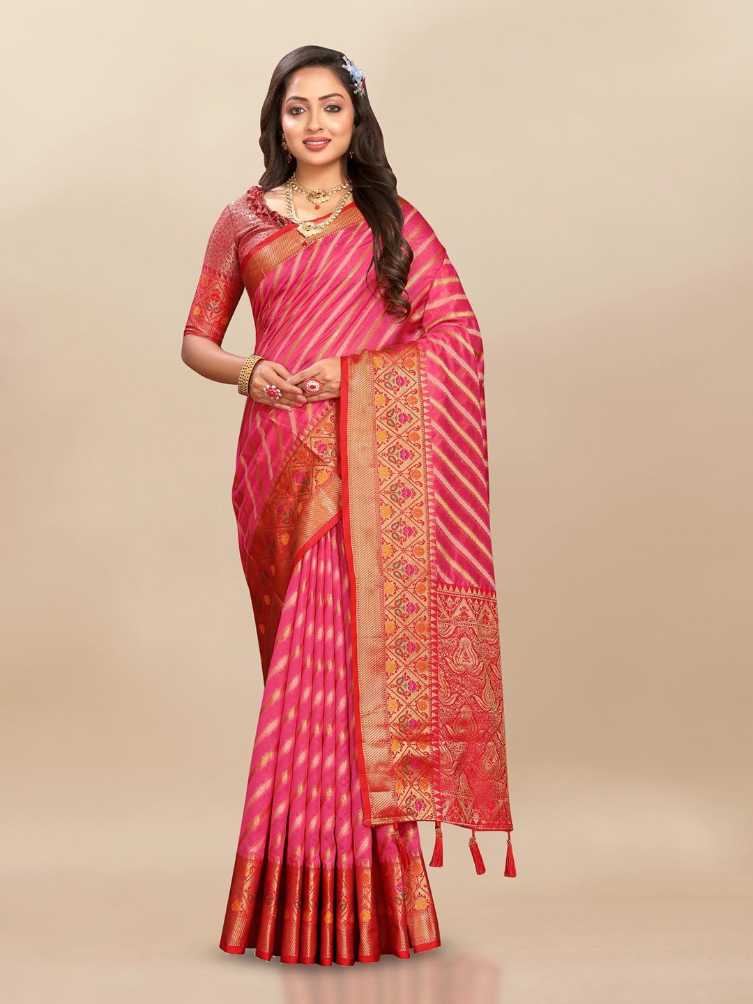 

PATIALAPICKS Ethnic Motifs Woven Design Zari Organza Paithani Saree, Pink