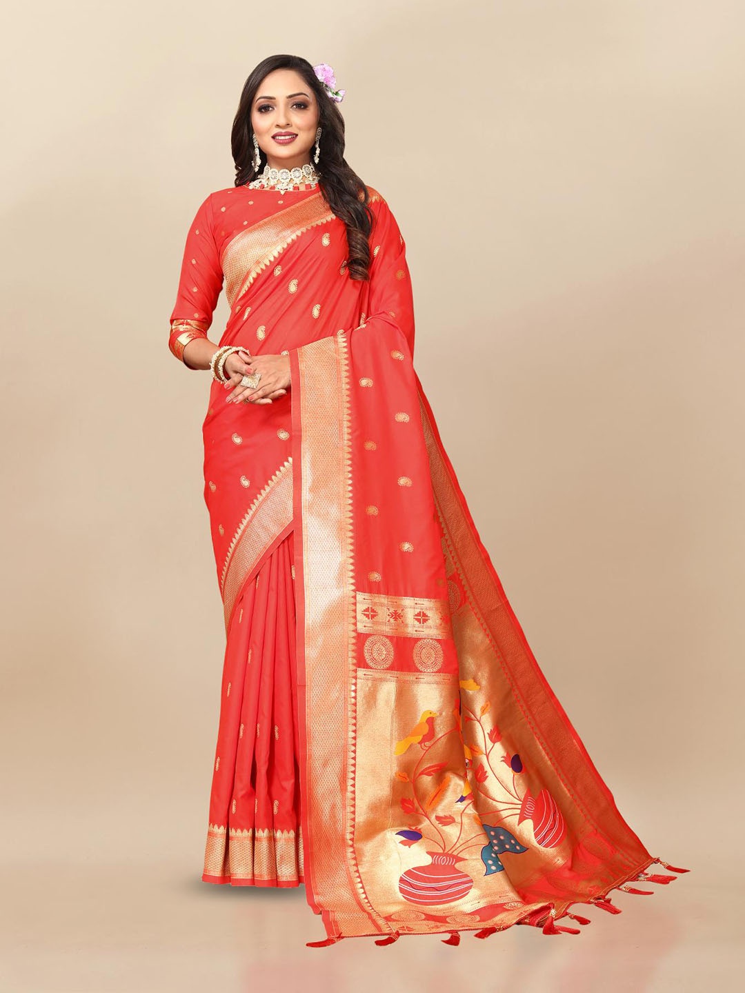 

PATIALAPICKS Ethnic Motifs Woven Design Zari Pure Silk Paithani Saree, Red