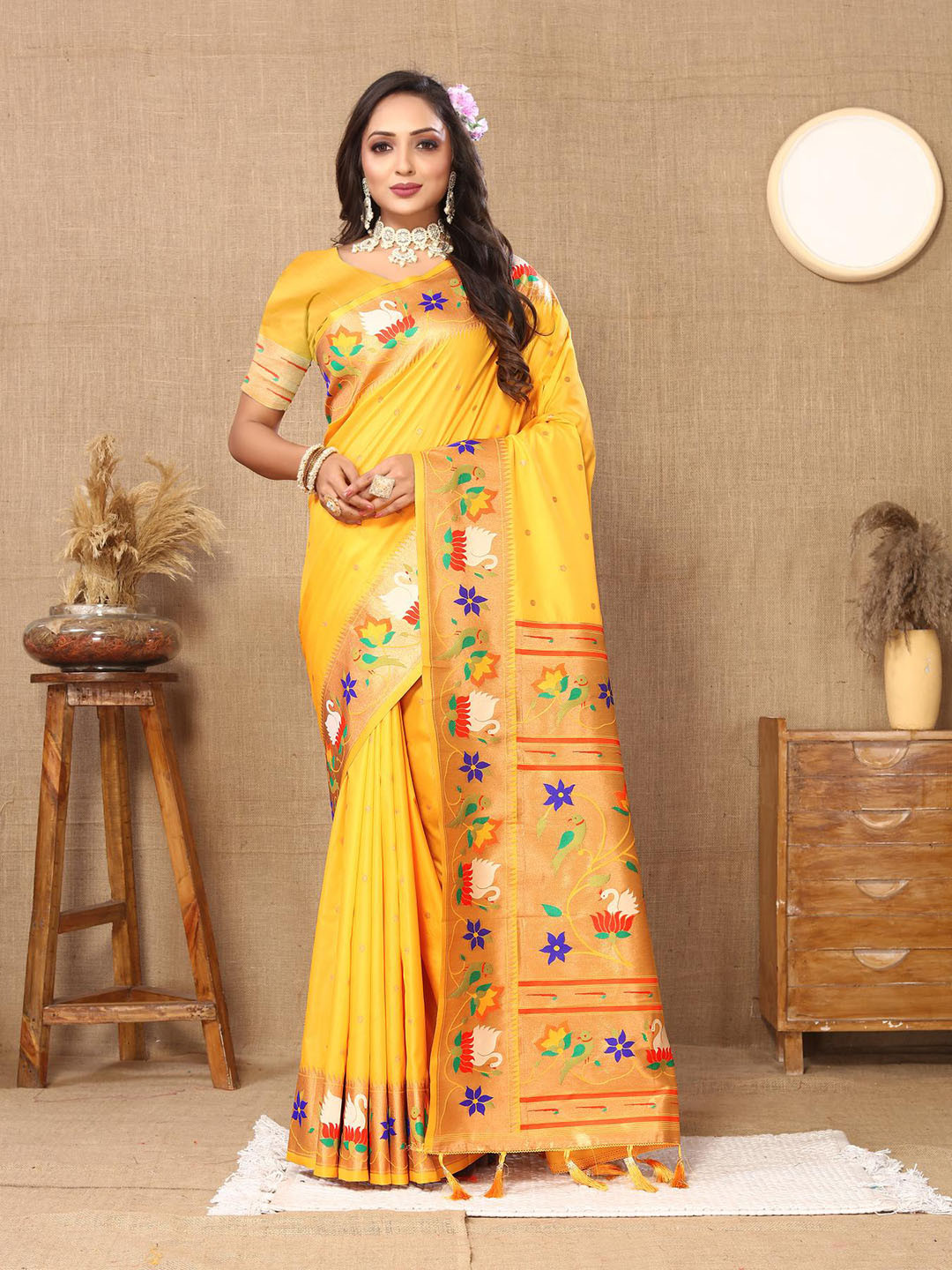 

PATIALAPICKS Woven Design Zari Pure Silk Paithani Saree, Yellow