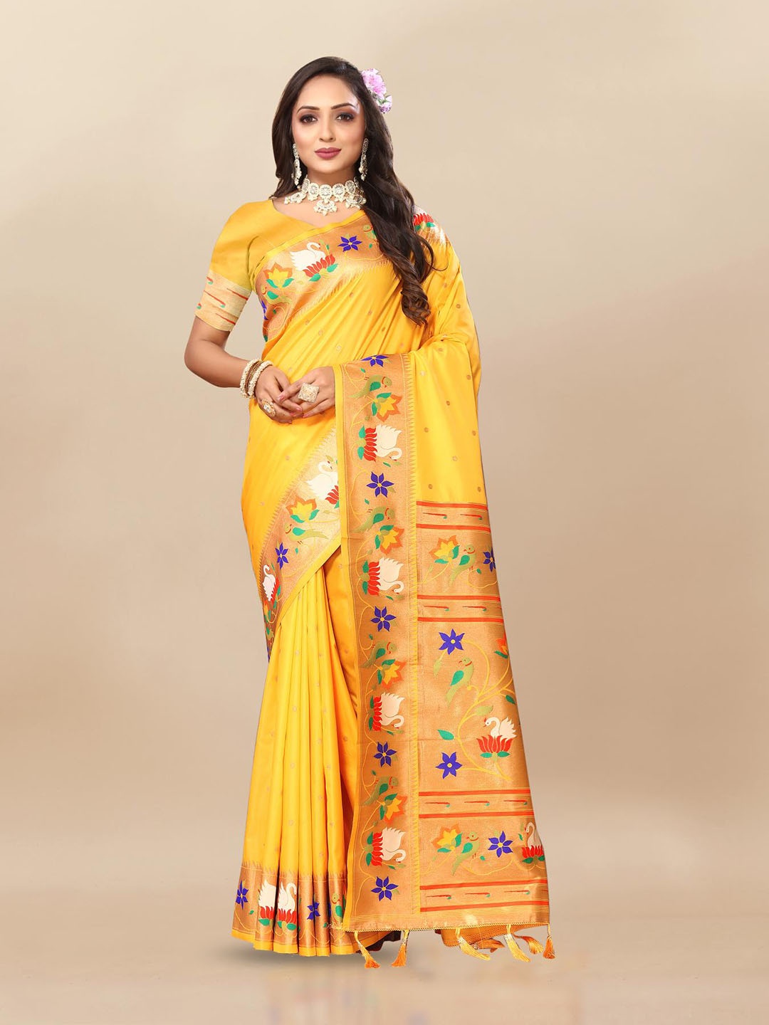 

PATIALAPICKS Woven Design Zari Pure Silk Paithani Saree, Yellow