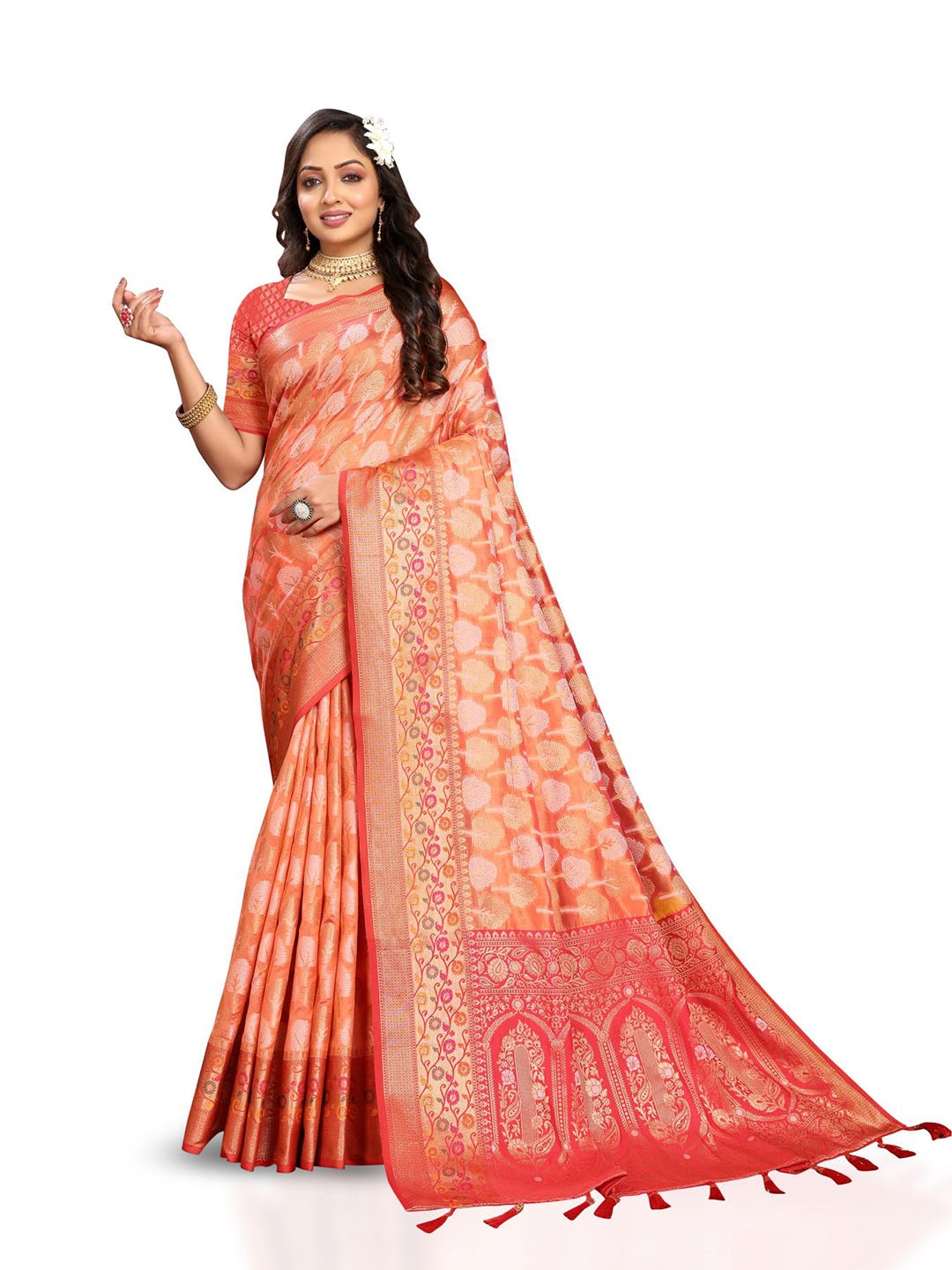 

PATIALAPICKS Floral Woven Design Zari Organza Paithani Saree, Orange