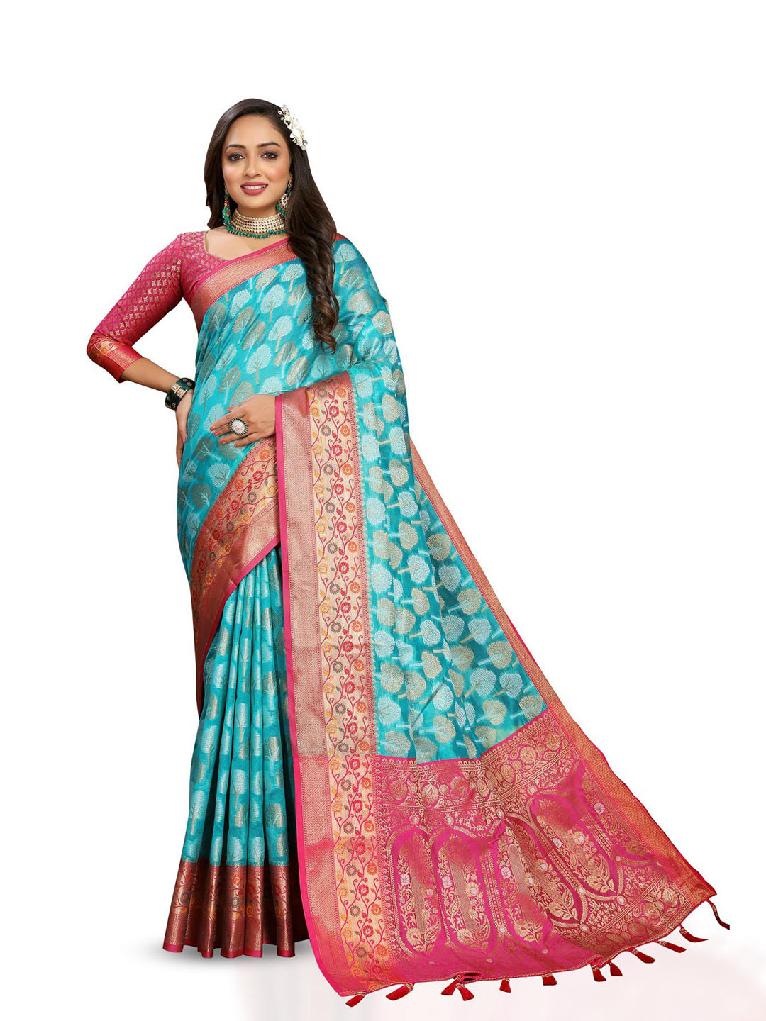 

PATIALAPICKS Ethnic Motifs Woven Design Zari Organza Paithani Saree, Sea green