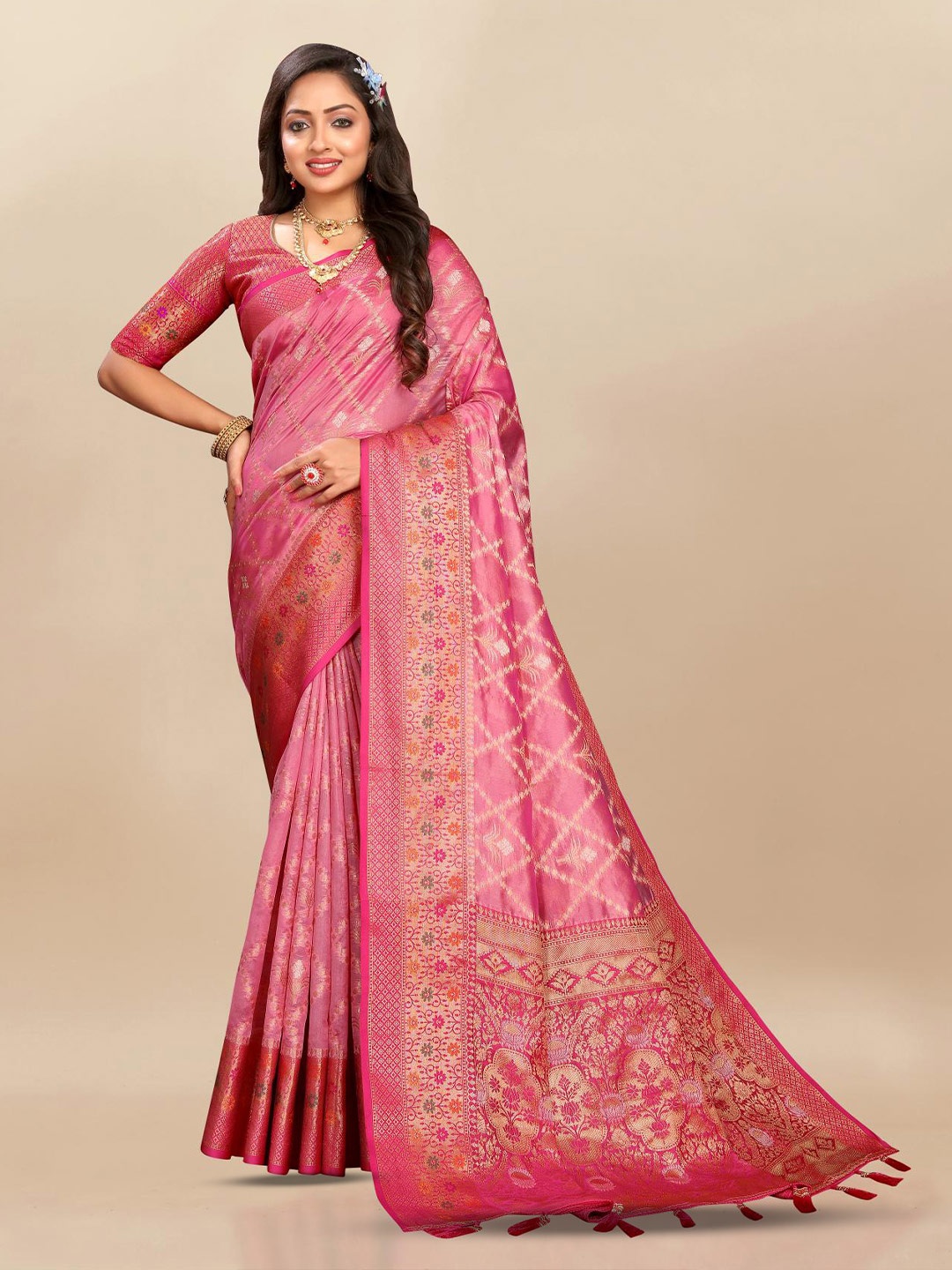 

PATIALAPICKS Floral Woven Design Zari Organza Paithani Saree, Pink