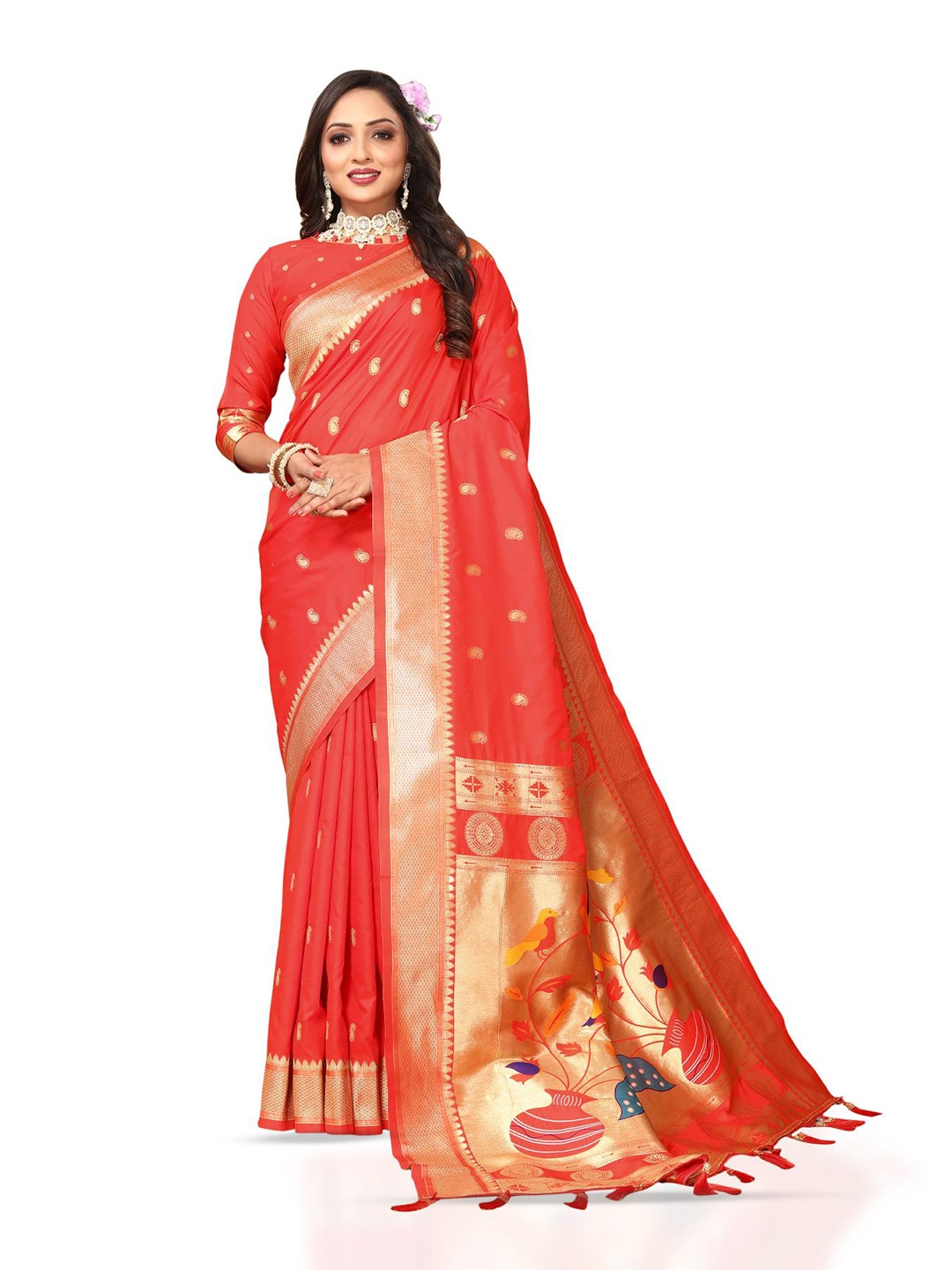 

PATIALAPICKS Ethnic Motifs Woven Design Zari Pure Silk Paithani Saree, Red