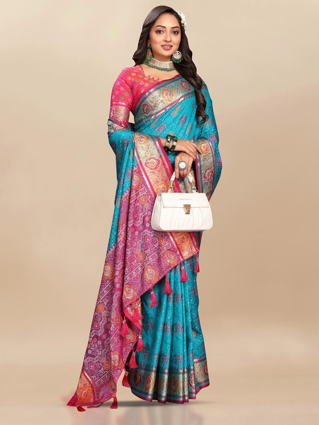 

PATIALAPICKS Ethnic Motifs Woven Design Zari Pure Silk Patola Saree, Blue