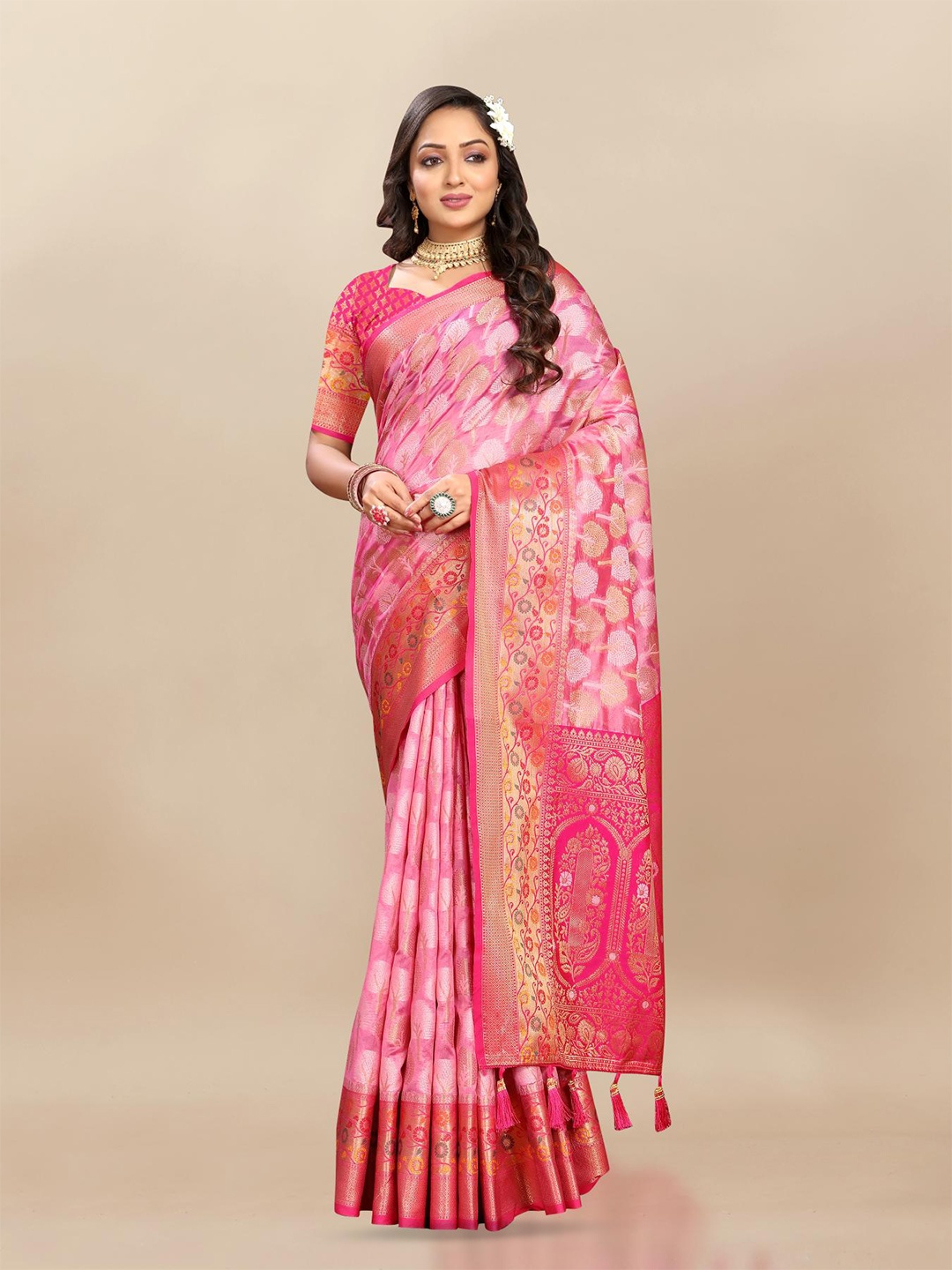 

PATIALAPICKS Ethnic Motifs Woven Design Zari Organza Paithani Saree, Pink