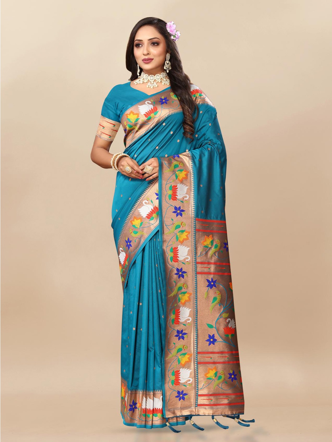 

PATIALAPICKS Woven Design Pure Silk Paithani Saree, Blue