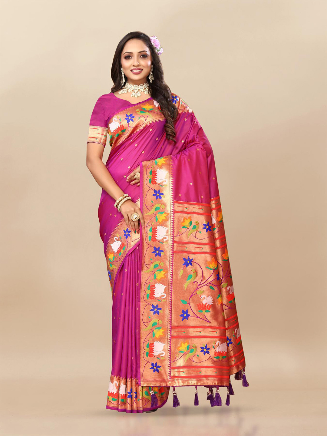 

PATIALAPICKS Ethnic Motifs Woven Design Zari Pure Silk Paithani Saree, Pink