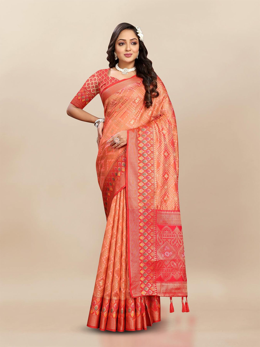 

PATIALAPICKS Ethnic Motifs Woven Design Zari Organza Paithani Saree, Orange